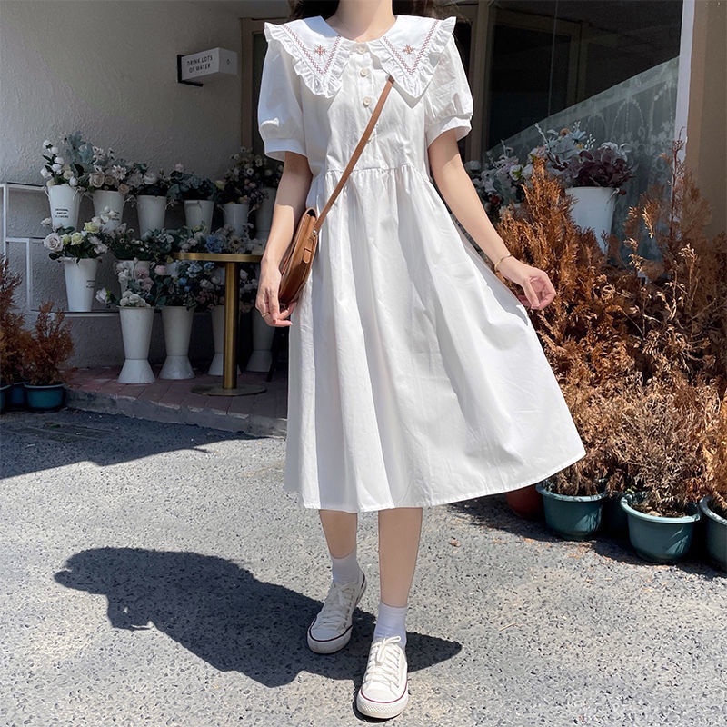 Đầm Cổ Hải Quân Dáng Rộng Thêu Họa Tiết Phong Cách Preppy Thời Trang Mùa Hè Mới Cho Nữ