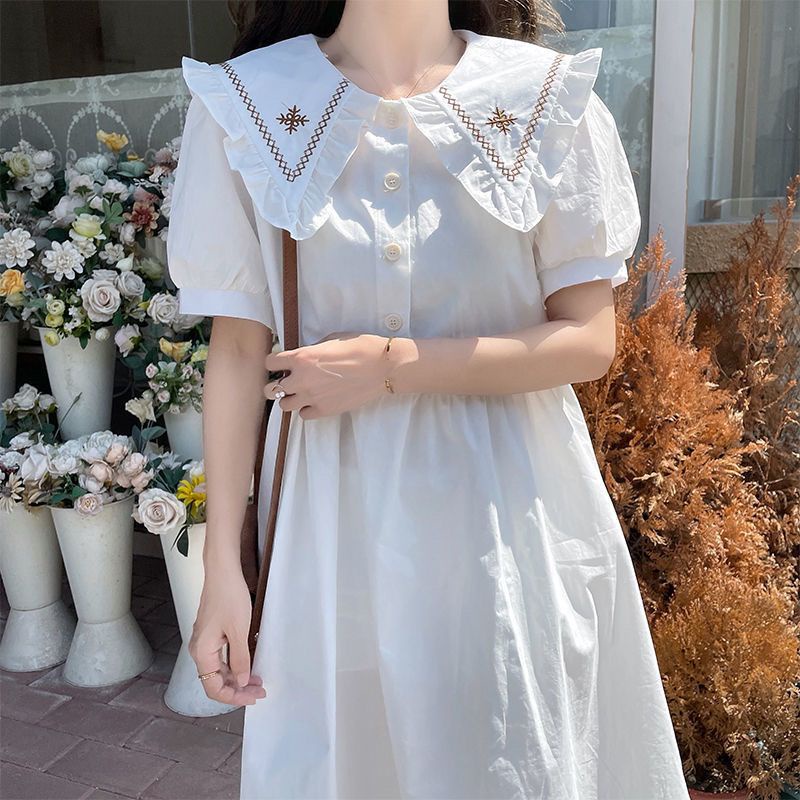 Đầm Cổ Hải Quân Dáng Rộng Thêu Họa Tiết Phong Cách Preppy Thời Trang Mùa Hè Mới Cho Nữ