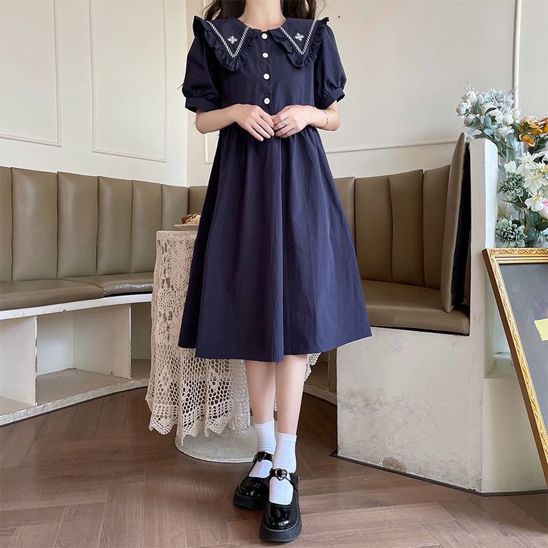 Đầm Cổ Hải Quân Dáng Rộng Thêu Họa Tiết Phong Cách Preppy Thời Trang Mùa Hè Mới Cho Nữ