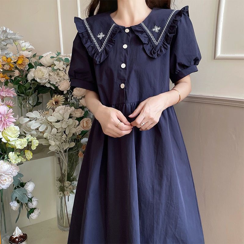 Đầm Cổ Hải Quân Dáng Rộng Thêu Họa Tiết Phong Cách Preppy Thời Trang Mùa Hè Mới Cho Nữ