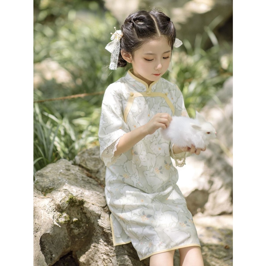 Đầm Sườn Xám Cách Tân Tay Ngắn In Họa Tiết Thỏ Osmanthus Thời Trang Xuân Hè Mới 2023 Dành Cho Bạn Nữ 23 Tuổi
