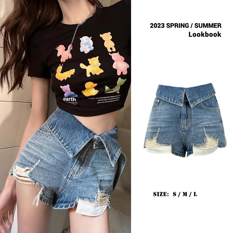 Quần Short Denim Lưng Cao Ống Rộng Phối Tua Rua Thời Trang Mùa Hè Phong Cách Mỹ