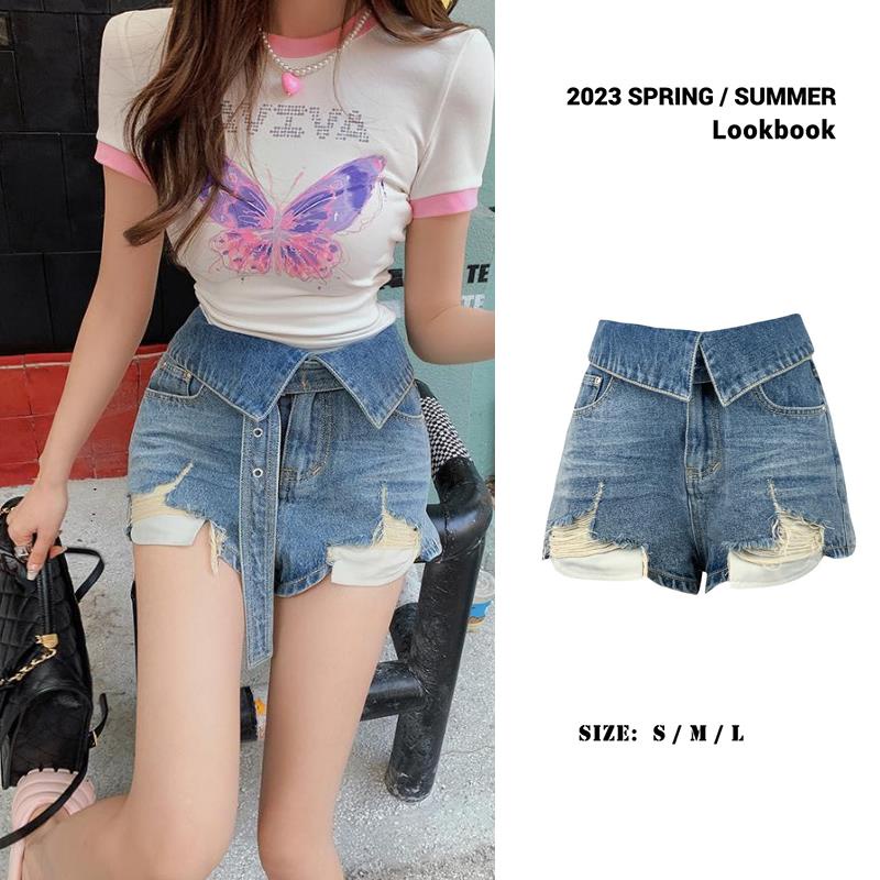 Quần Short Denim Lưng Cao Ống Rộng Phối Tua Rua Thời Trang Mùa Hè Phong Cách Mỹ