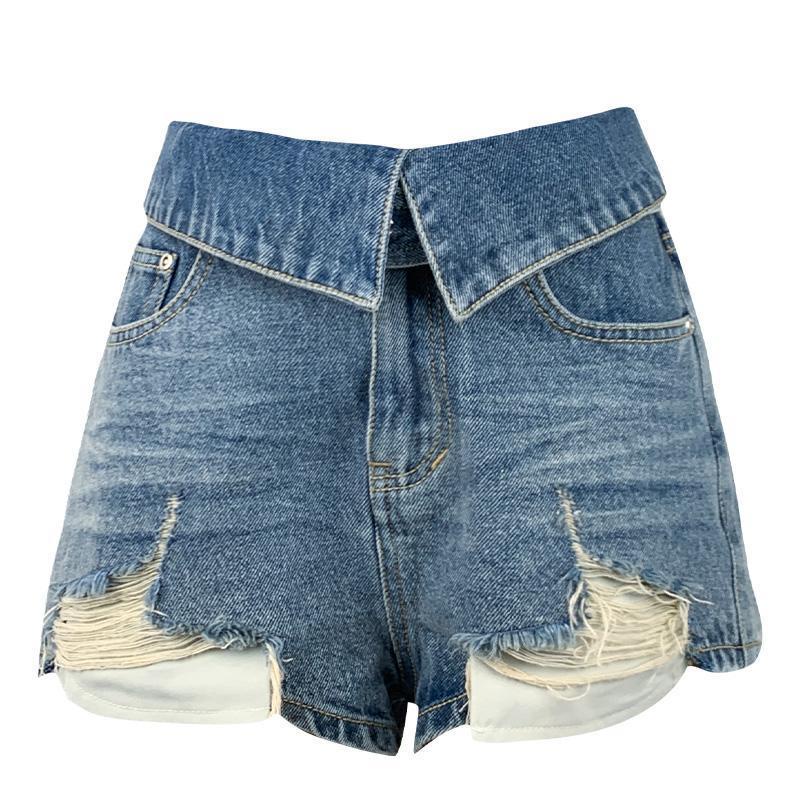 Quần Short Denim Lưng Cao Ống Rộng Phối Tua Rua Thời Trang Mùa Hè Phong Cách Mỹ