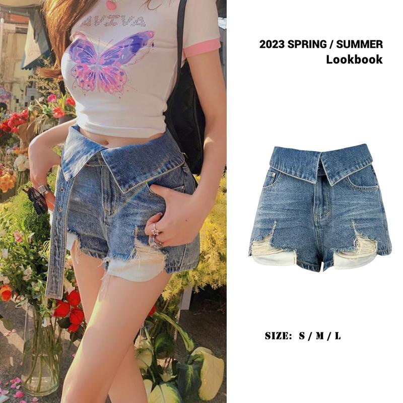 Quần Short Denim Lưng Cao Ống Rộng Phối Tua Rua Thời Trang Mùa Hè Phong Cách Mỹ