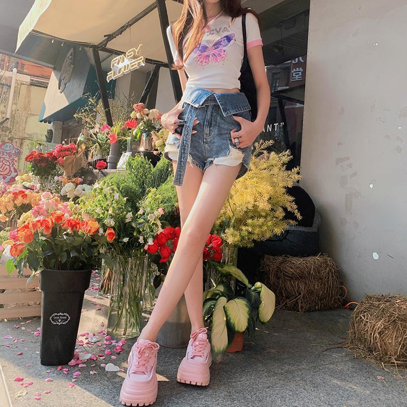 Quần Short Denim Lưng Cao Ống Rộng Phối Tua Rua Thời Trang Mùa Hè Phong Cách Mỹ