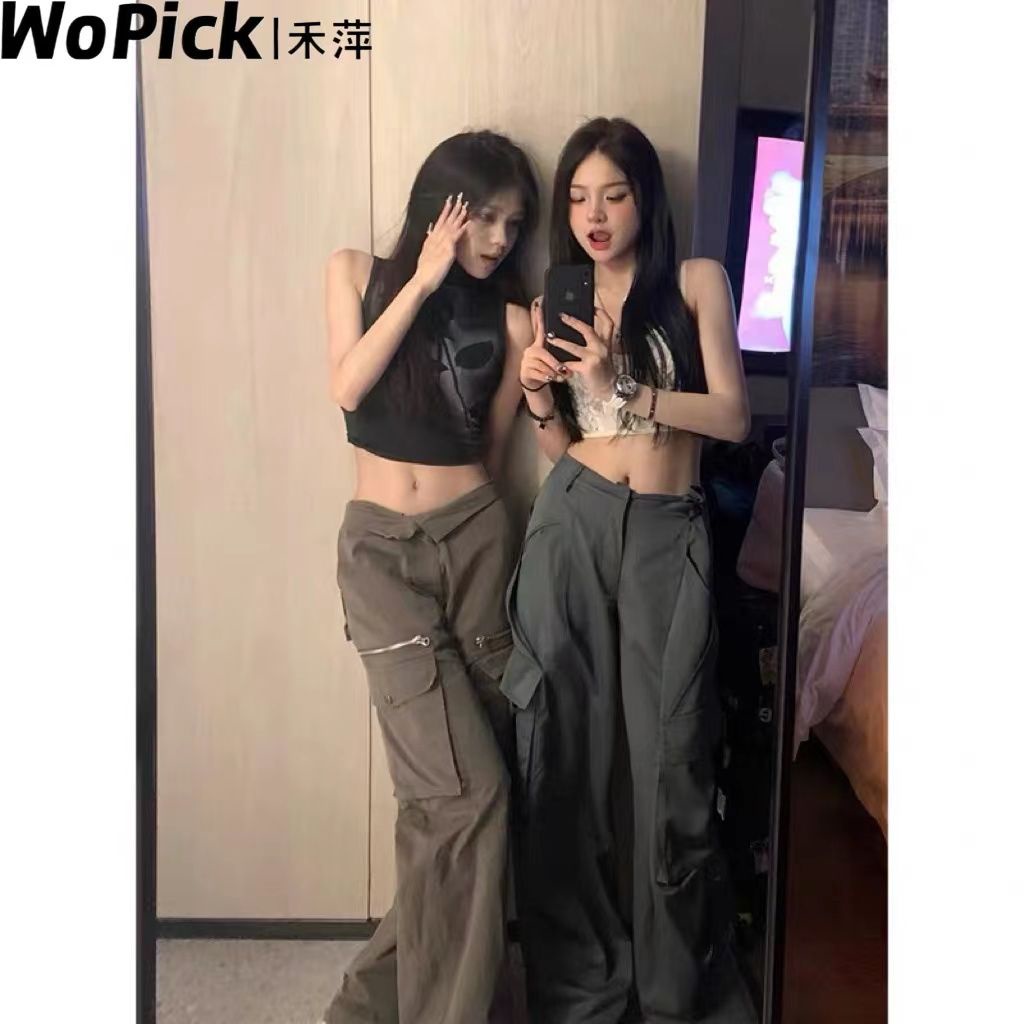 Quần Dài Ống Rộng Nhiều Túi Phong Cách Retro Thời Trang Cho Nữ