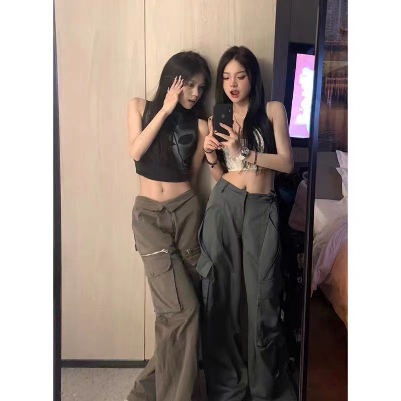 Quần Dài Ống Rộng Nhiều Túi Phong Cách Retro Thời Trang Cho Nữ