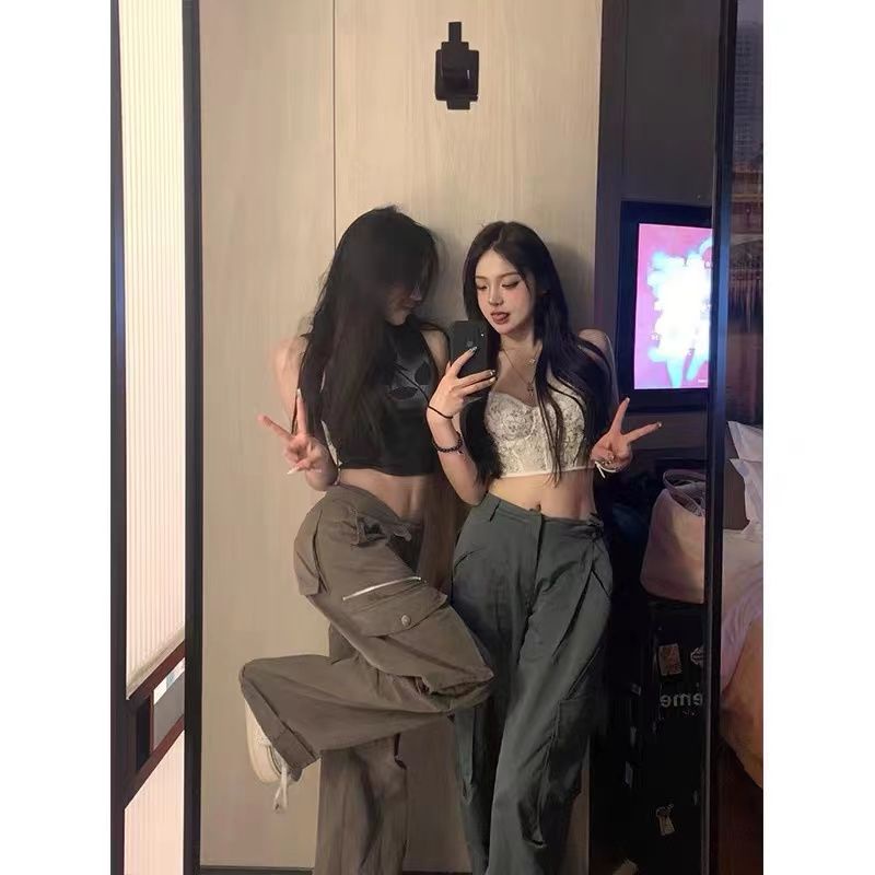 Quần Dài Ống Rộng Nhiều Túi Phong Cách Retro Thời Trang Cho Nữ