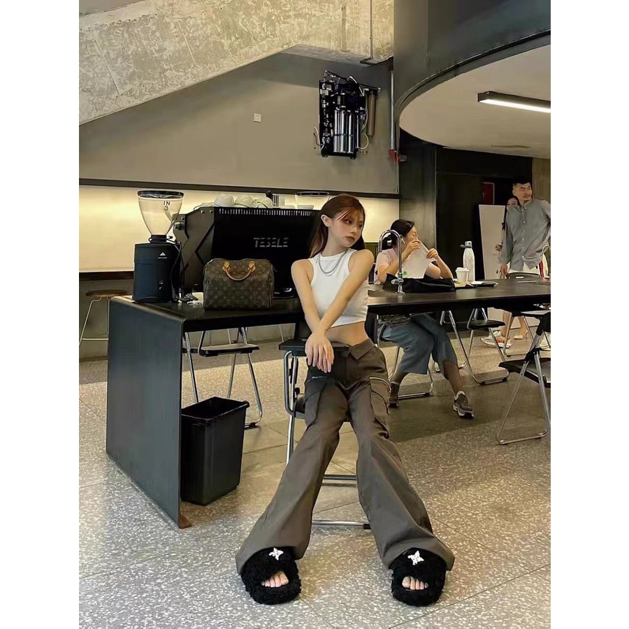 Quần Dài Ống Rộng Nhiều Túi Phong Cách Retro Thời Trang Cho Nữ