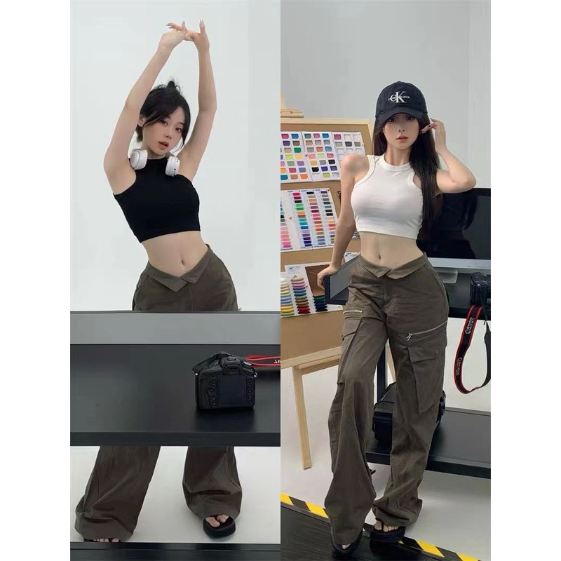 Quần Dài Ống Rộng Nhiều Túi Phong Cách Retro Thời Trang Cho Nữ