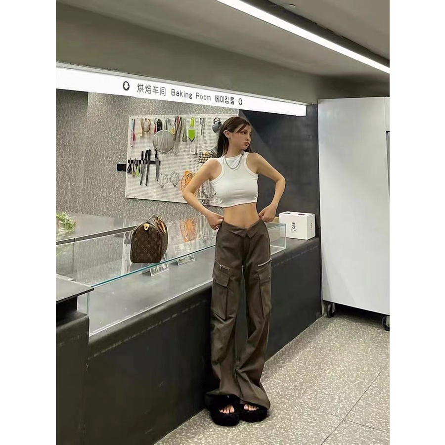 Quần Dài Ống Rộng Nhiều Túi Phong Cách Retro Thời Trang Cho Nữ