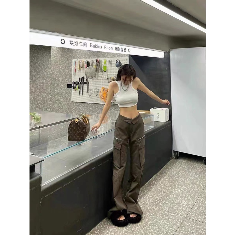 Quần Dài Ống Rộng Nhiều Túi Phong Cách Retro Thời Trang Cho Nữ