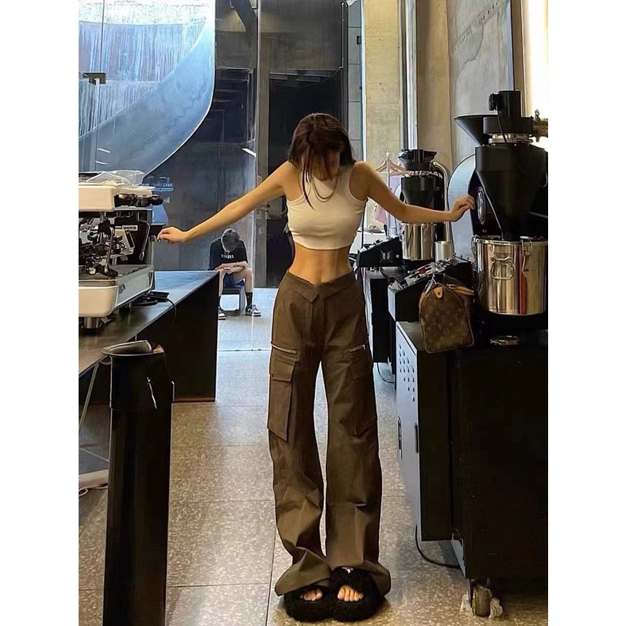 Quần Dài Ống Rộng Nhiều Túi Phong Cách Retro Thời Trang Cho Nữ