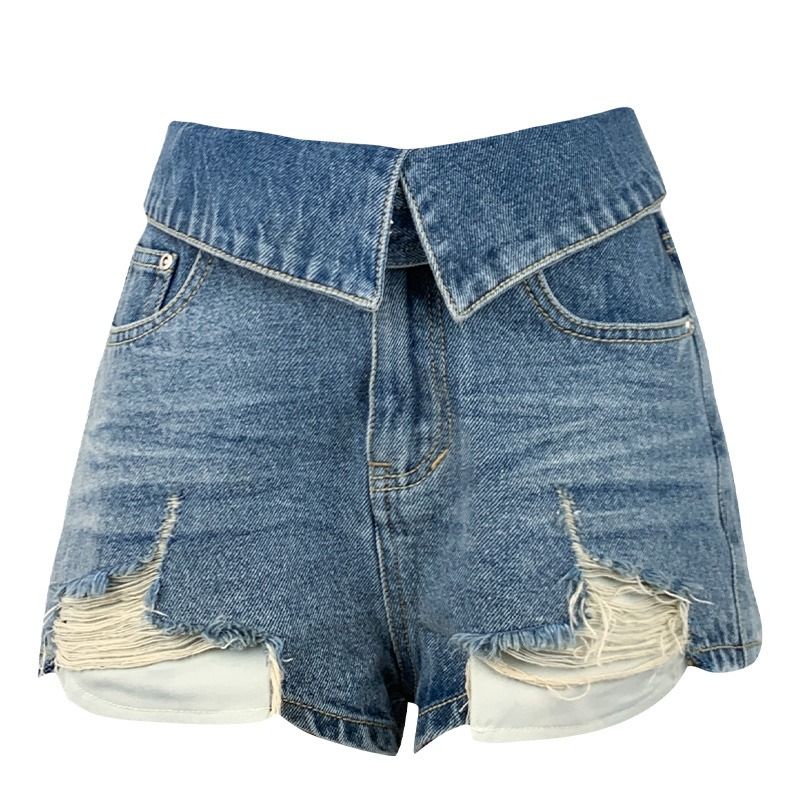 Quần Short Denim Tua Rua Lưng Cao Ống Rộng Thời Trang Mùa Hè Cho Nữ
