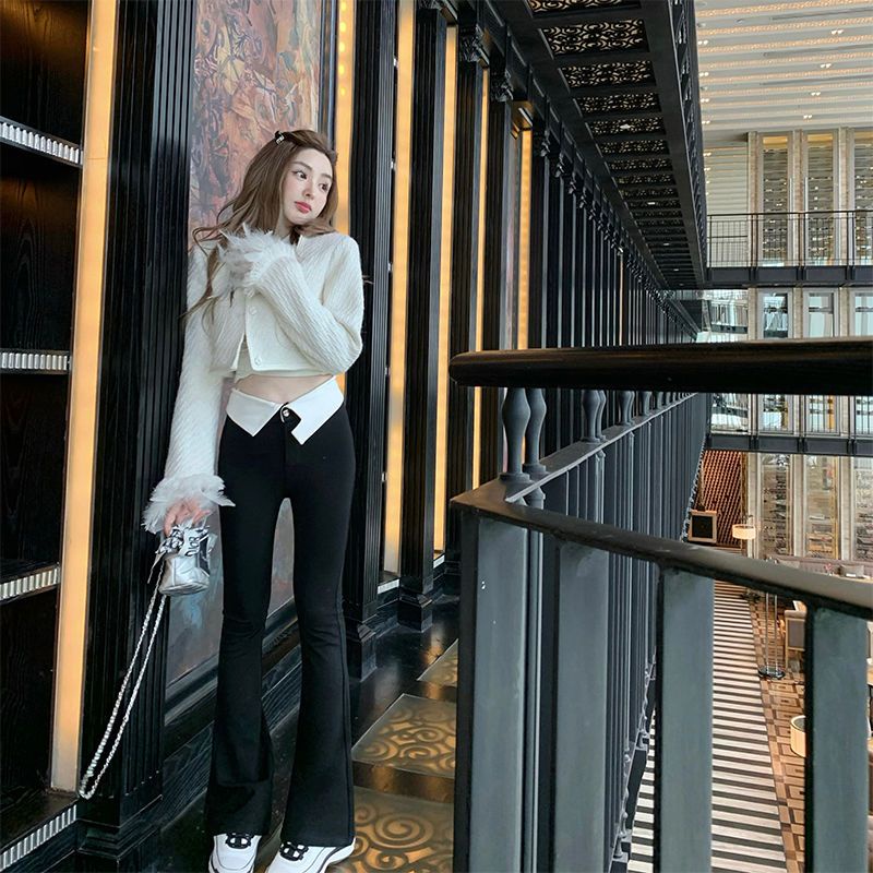 Quần Ống Loe Màu Đen Nhẹ Nhàng Thời Trang Cho Người Lớn Không Thể Gấp Lại / Thiết Kế Eo Gấp