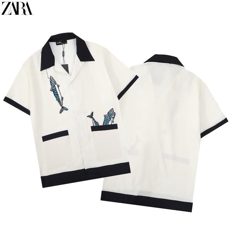 Áo Sơ Mi Cotton ZARA Ngắn Tay Cổ Bẻ In Họa Tiết Cá Nhỏ Thông Dụng Phong Cách Mới Unisex