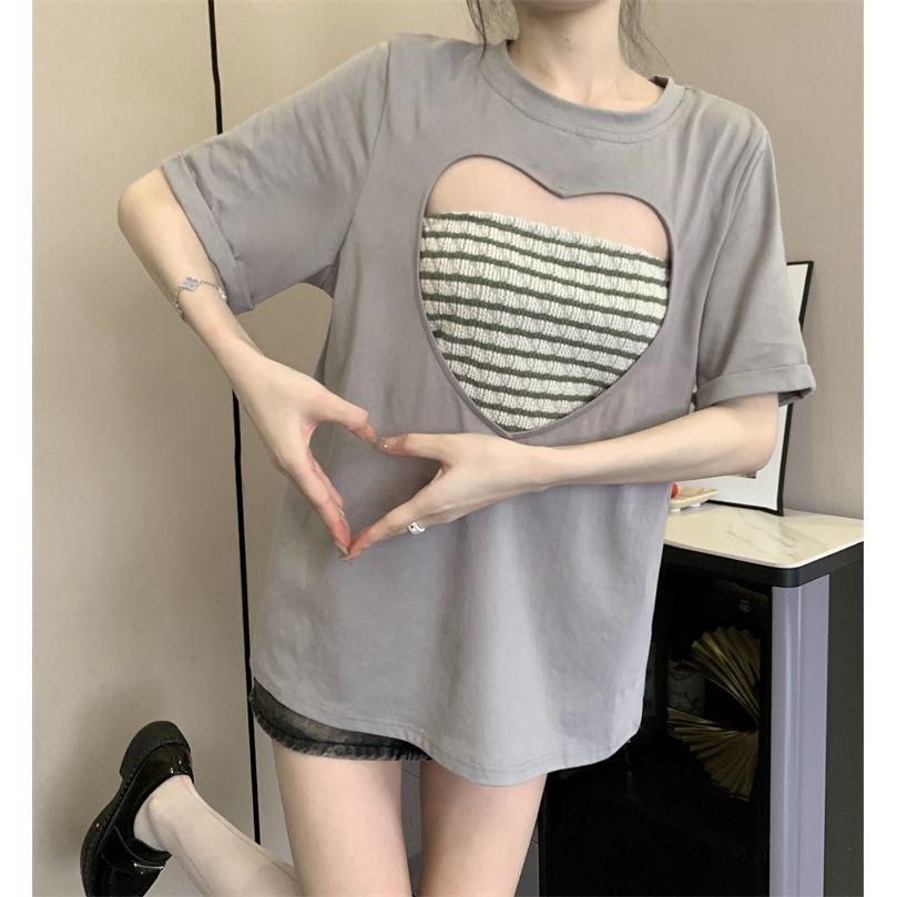 [sell At a loss] Áo Thun Dạng Ống Tay Ngắn Hở Vai Hình Trái Tim Rỗng Hai Mảnh Cỡ Lớn Thời Trang Mùa Hè Cho Nữ