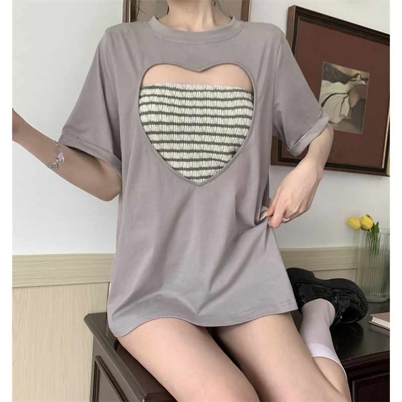 [sell At a loss] Áo Thun Dạng Ống Tay Ngắn Hở Vai Hình Trái Tim Rỗng Hai Mảnh Cỡ Lớn Thời Trang Mùa Hè Cho Nữ