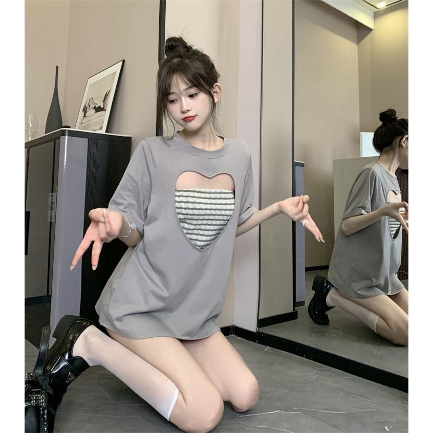 [sell At a loss] Áo Thun Dạng Ống Tay Ngắn Hở Vai Hình Trái Tim Rỗng Hai Mảnh Cỡ Lớn Thời Trang Mùa Hè Cho Nữ