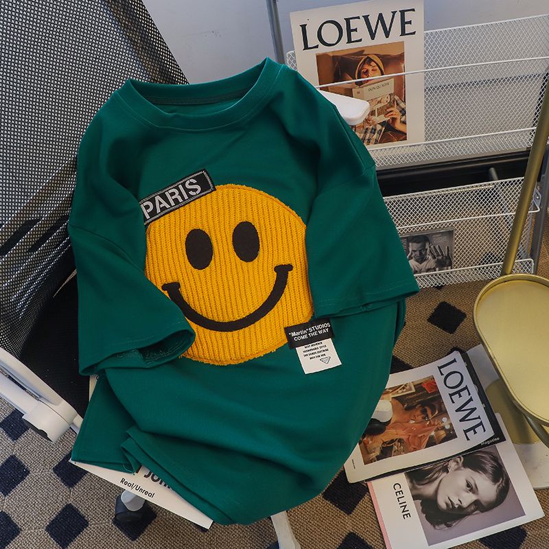 Áo Thun Tay Ngắn Dáng Rộng In Hình Mặt Cười Phong Cách Hàn Quốc Thời Trang Mùa Hè Cho Nữ 200