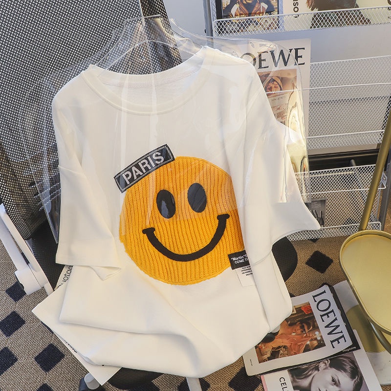 Áo Thun Tay Ngắn Dáng Rộng In Hình Mặt Cười Phong Cách Hàn Quốc Thời Trang Mùa Hè Cho Nữ 200