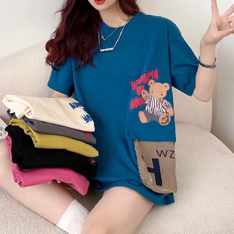 Áo Thun Tay Ngắn Dáng Rộng In Họa Tiết Gấu Hoạt Hình Thời Trang Mùa Hè Cho Nữ Lên Đến 300KG