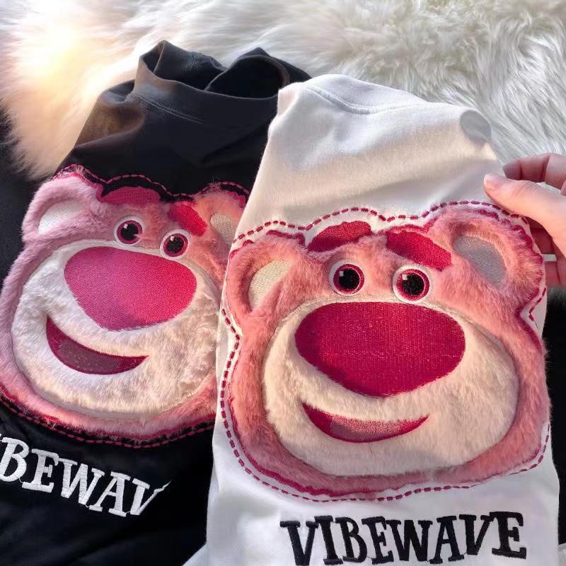 Áo Thun 100% Cotton Tay Ngắn Dáng Rộng Thêu Hình Gấu Và Dâu Tây Phong Cách Hàn Quốc Cho Nữ