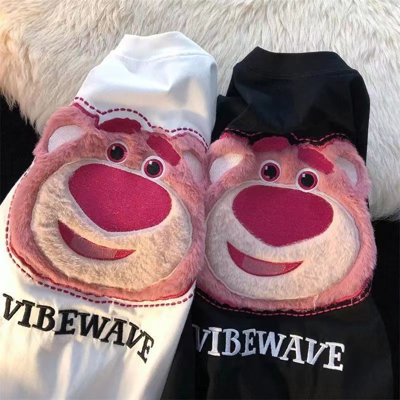 Áo Thun 100% Cotton Tay Ngắn Dáng Rộng Thêu Hình Gấu Và Dâu Tây Phong Cách Hàn Quốc Cho Nữ