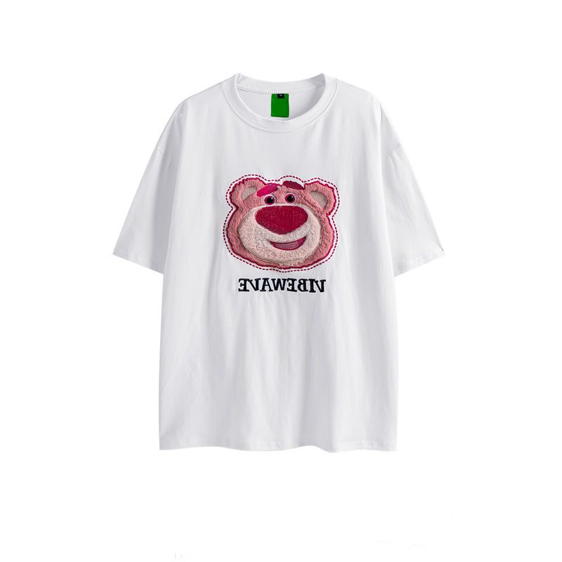 Áo Thun 100% Cotton Tay Ngắn Dáng Rộng Thêu Hình Gấu Và Dâu Tây Phong Cách Hàn Quốc Cho Nữ