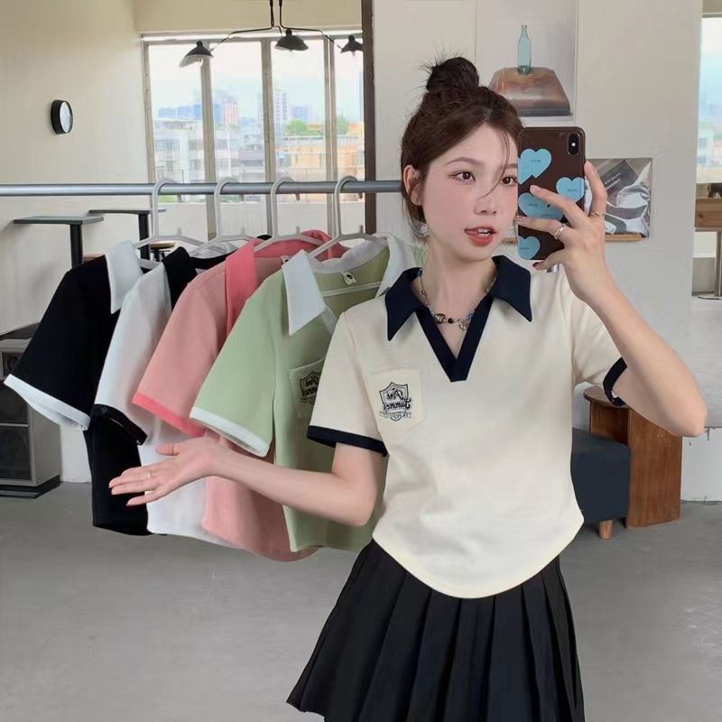 Áo Thun polo Tay Ngắn Dáng Rộng Màu Sắc Tương Phản Phong Cách Retro Mỹ Cho Nữ