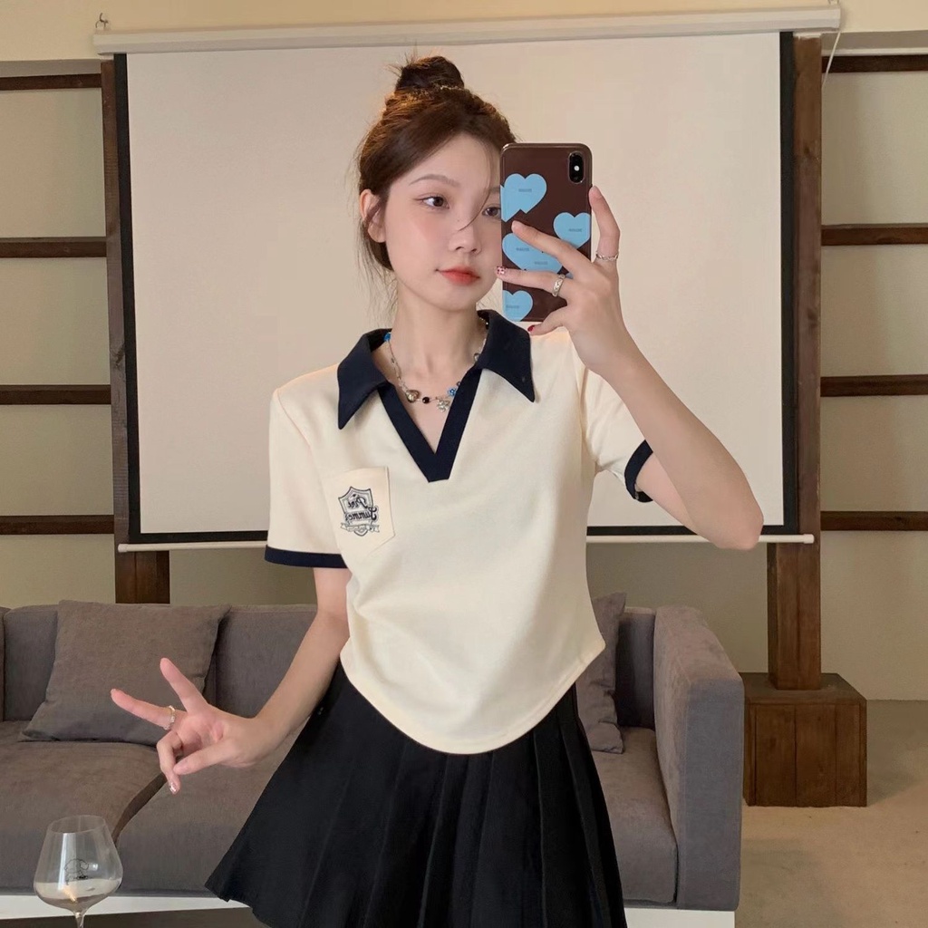 Áo Thun polo Tay Ngắn Dáng Rộng Màu Sắc Tương Phản Phong Cách Retro Mỹ Cho Nữ