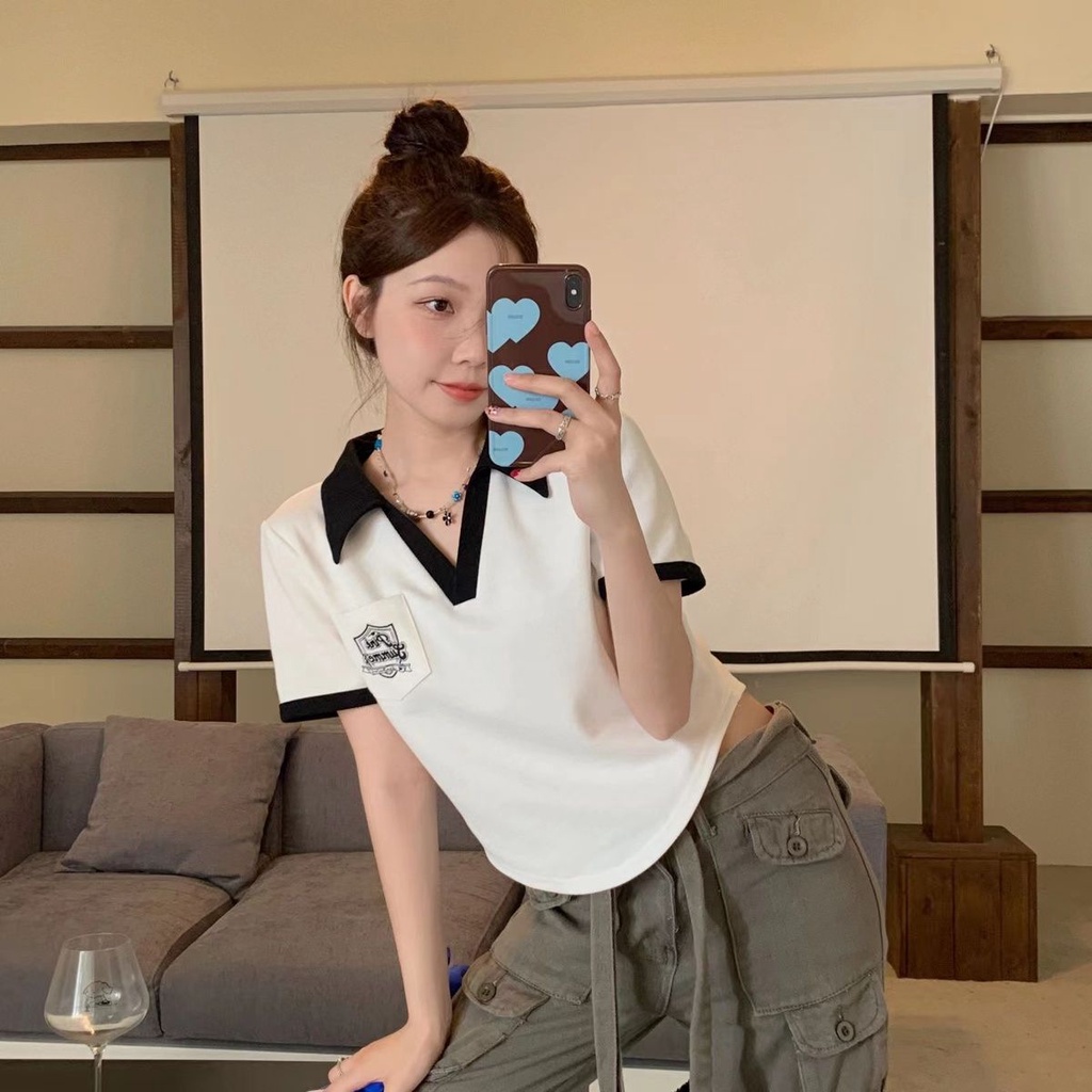 Áo Thun polo Tay Ngắn Dáng Rộng Màu Sắc Tương Phản Phong Cách Retro Mỹ Cho Nữ