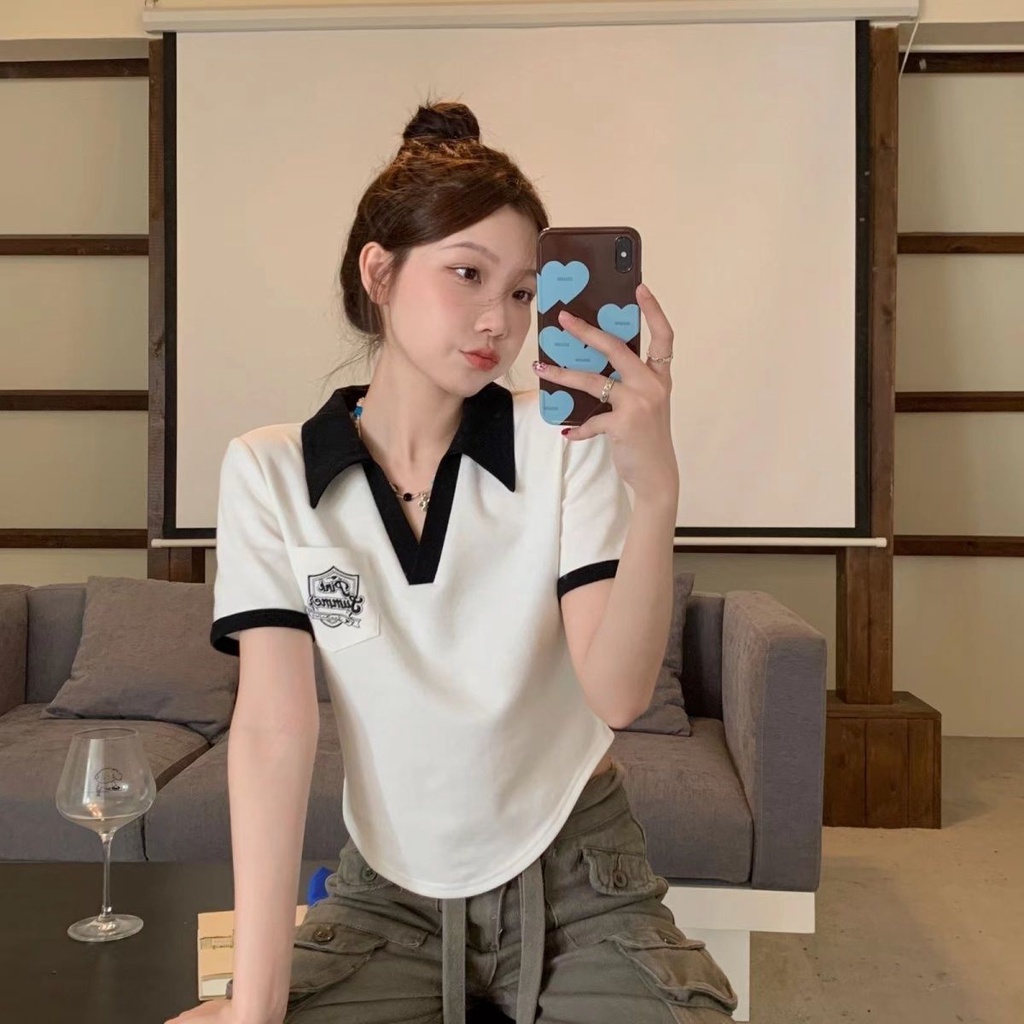 Áo Thun polo Tay Ngắn Dáng Rộng Màu Sắc Tương Phản Phong Cách Retro Mỹ Cho Nữ
