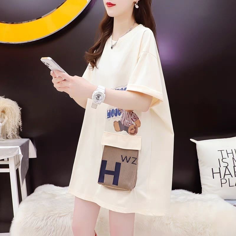 Áo Thun Cotton Tinh Khiết Dáng Rộng Tay Ngắn In Hình Gấu Hoạt Hình Mùa Hè Kích Thước Lớn Mẫu Mới Cho Nữ