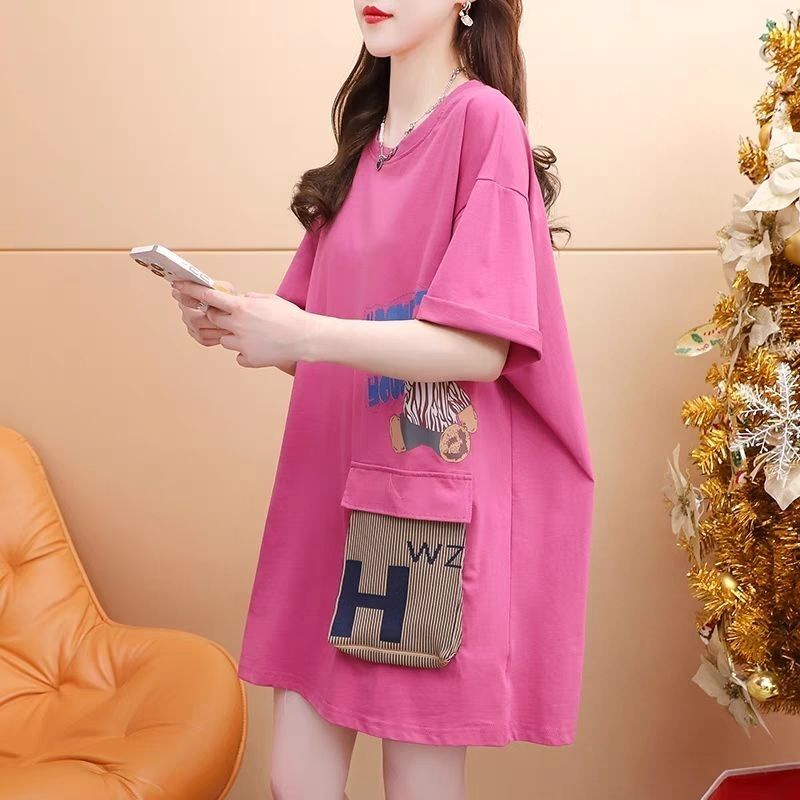 Áo Thun Cotton Tinh Khiết Dáng Rộng Tay Ngắn In Hình Gấu Hoạt Hình Mùa Hè Kích Thước Lớn Mẫu Mới Cho Nữ