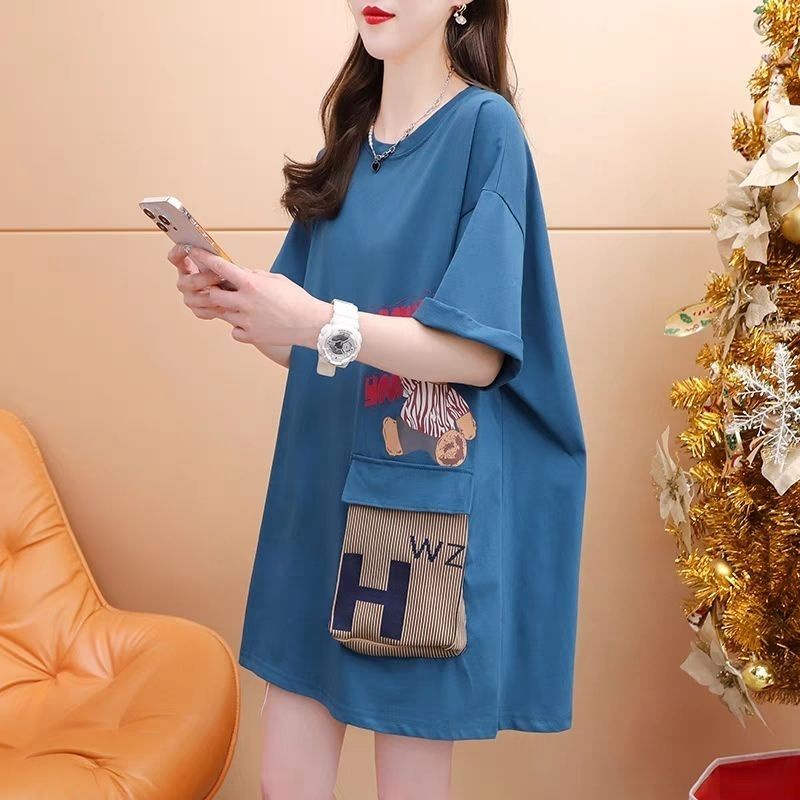 Áo Thun Cotton Tinh Khiết Dáng Rộng Tay Ngắn In Hình Gấu Hoạt Hình Mùa Hè Kích Thước Lớn Mẫu Mới Cho Nữ