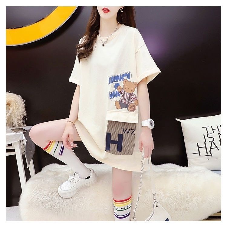 Áo Thun Cotton Tinh Khiết Dáng Rộng Tay Ngắn In Hình Gấu Hoạt Hình Mùa Hè Kích Thước Lớn Mẫu Mới Cho Nữ