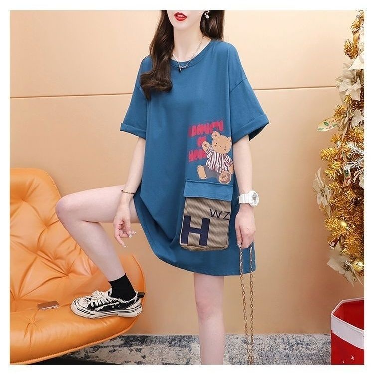 Áo Thun Cotton Tinh Khiết Dáng Rộng Tay Ngắn In Hình Gấu Hoạt Hình Mùa Hè Kích Thước Lớn Mẫu Mới Cho Nữ