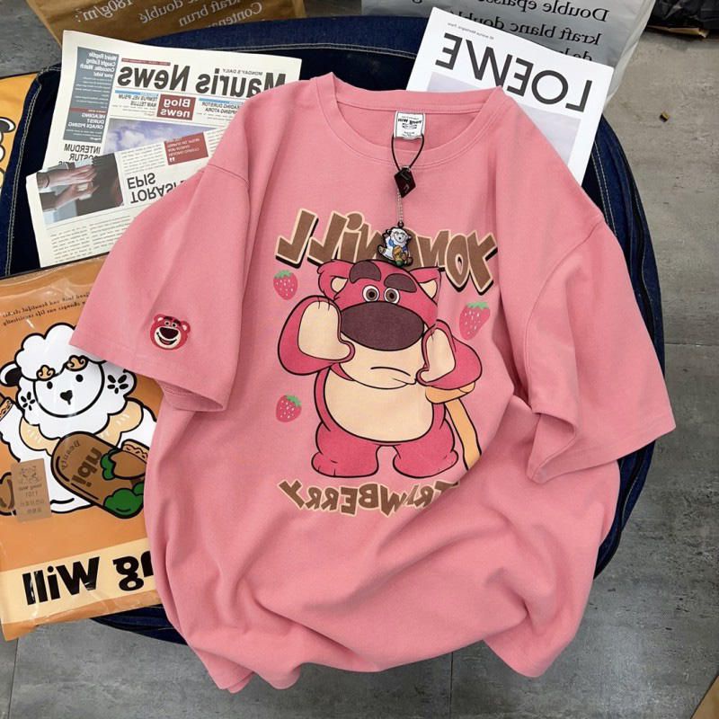 Áo Thun Cotton Nguyên Chất Tay Lửng Dáng Rộng In Hình Gấu Dâu Tây Phong Cách Mới Mùa Hè Dễ Phối Đồ Cho Nữ