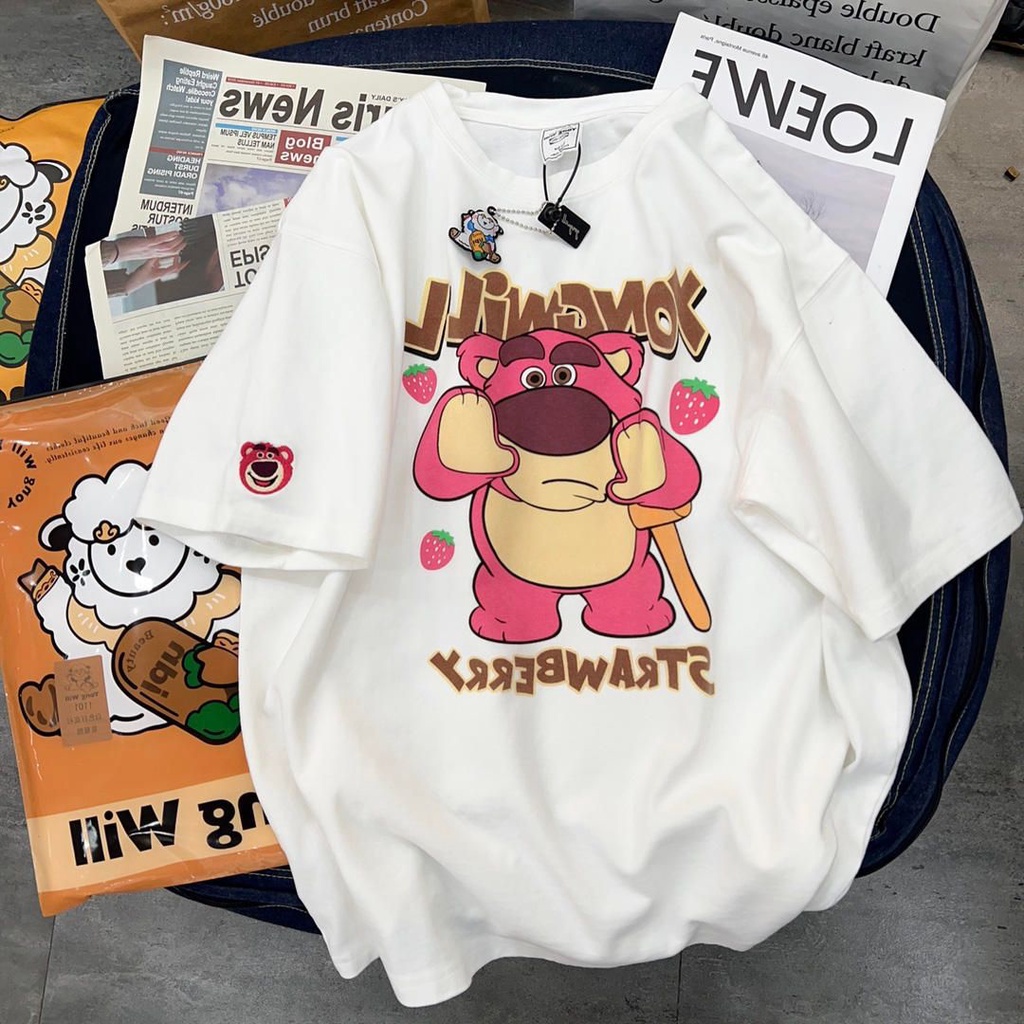 Áo Thun Cotton Nguyên Chất Tay Lửng Dáng Rộng In Hình Gấu Dâu Tây Phong Cách Mới Mùa Hè Dễ Phối Đồ Cho Nữ
