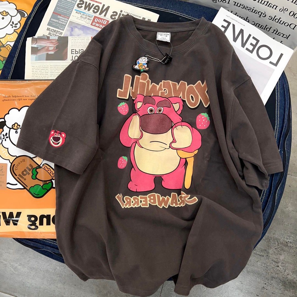 Áo Thun Cotton Nguyên Chất Tay Lửng Dáng Rộng In Hình Gấu Dâu Tây Phong Cách Mới Mùa Hè Dễ Phối Đồ Cho Nữ