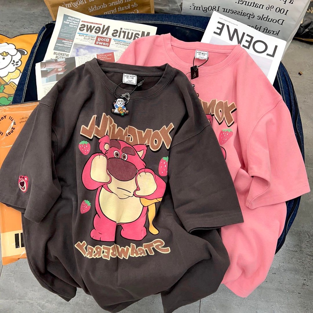 Áo Thun Cotton Nguyên Chất Tay Lửng Dáng Rộng In Hình Gấu Dâu Tây Phong Cách Mới Mùa Hè Dễ Phối Đồ Cho Nữ