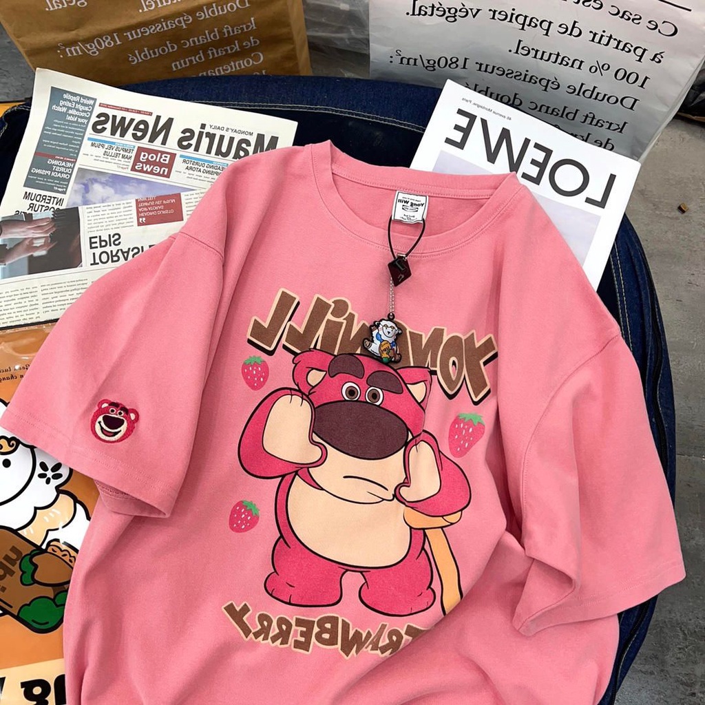 Áo Thun Cotton Nguyên Chất Tay Lửng Dáng Rộng In Hình Gấu Dâu Tây Phong Cách Mới Mùa Hè Dễ Phối Đồ Cho Nữ