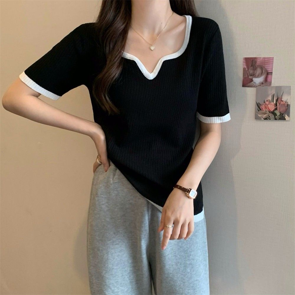 [sell At a loss] Áo Thun Tay Ngắn Cổ Vuông Vải Lụa Lạnh Màu Tương Phản Cỡ Lớn Thời Trang Mùa Hè Cho Nữ