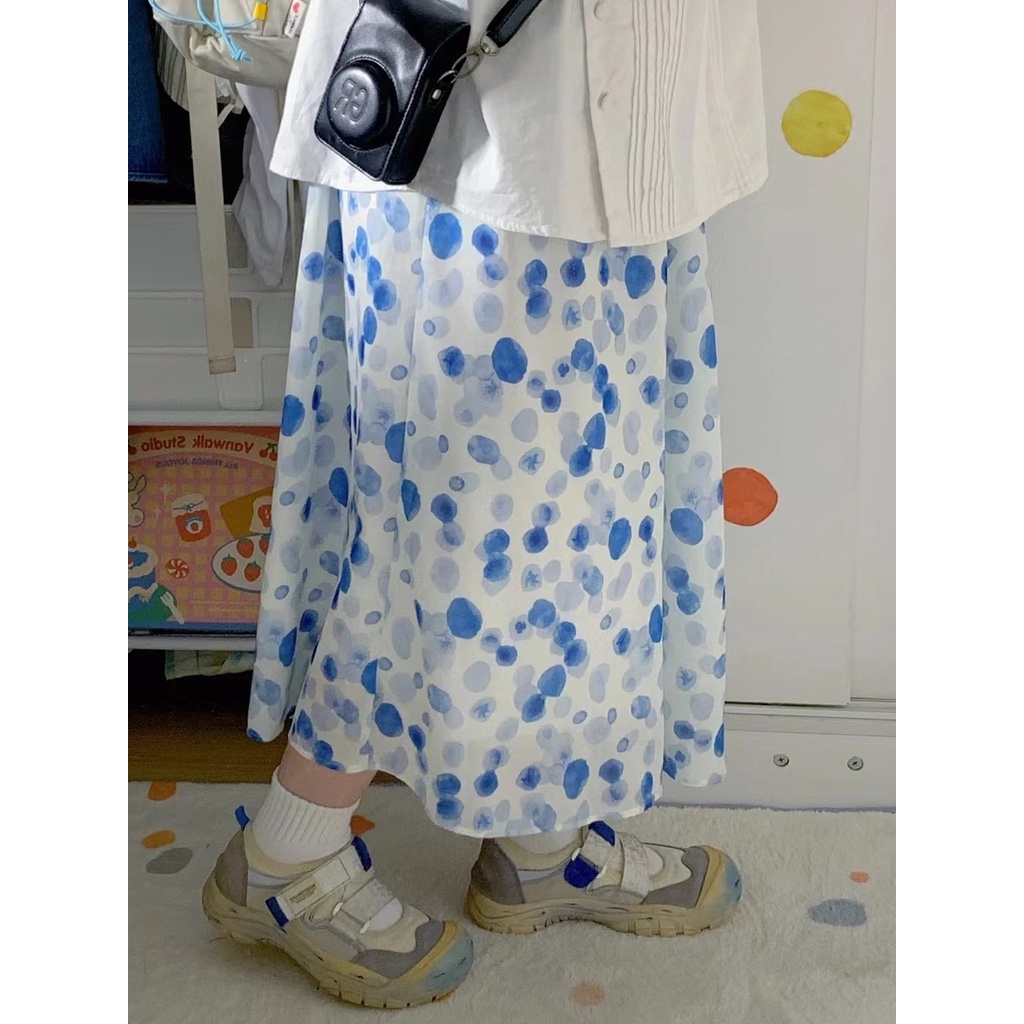 Chân Váy Chữ a Dáng Rộng Họa Tiết Chấm Bi Màu Xanh Dương Ngọt Ngào Phong Cách Nhật Bản Cho Nữ