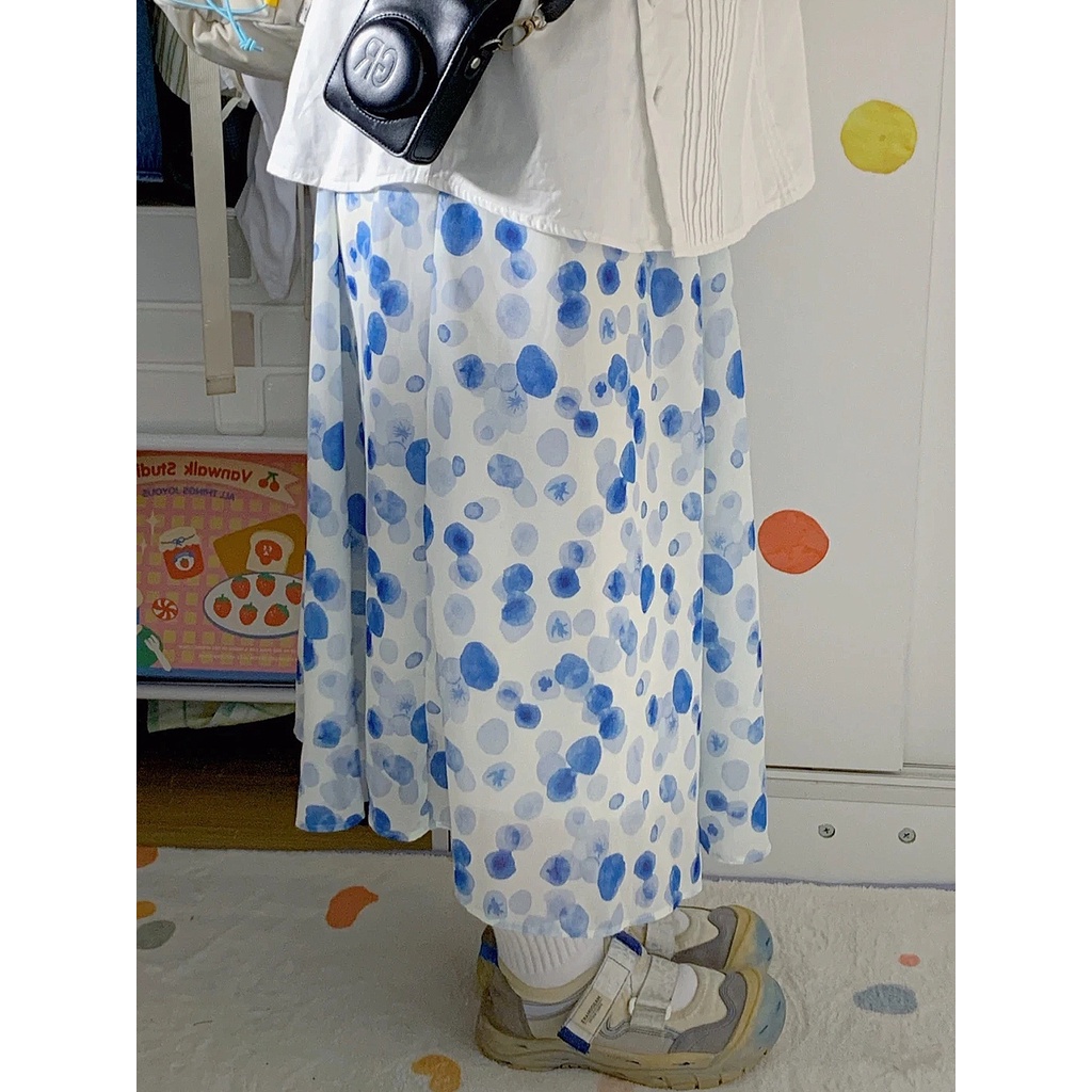 Chân Váy Chữ a Dáng Rộng Họa Tiết Chấm Bi Màu Xanh Dương Ngọt Ngào Phong Cách Nhật Bản Cho Nữ