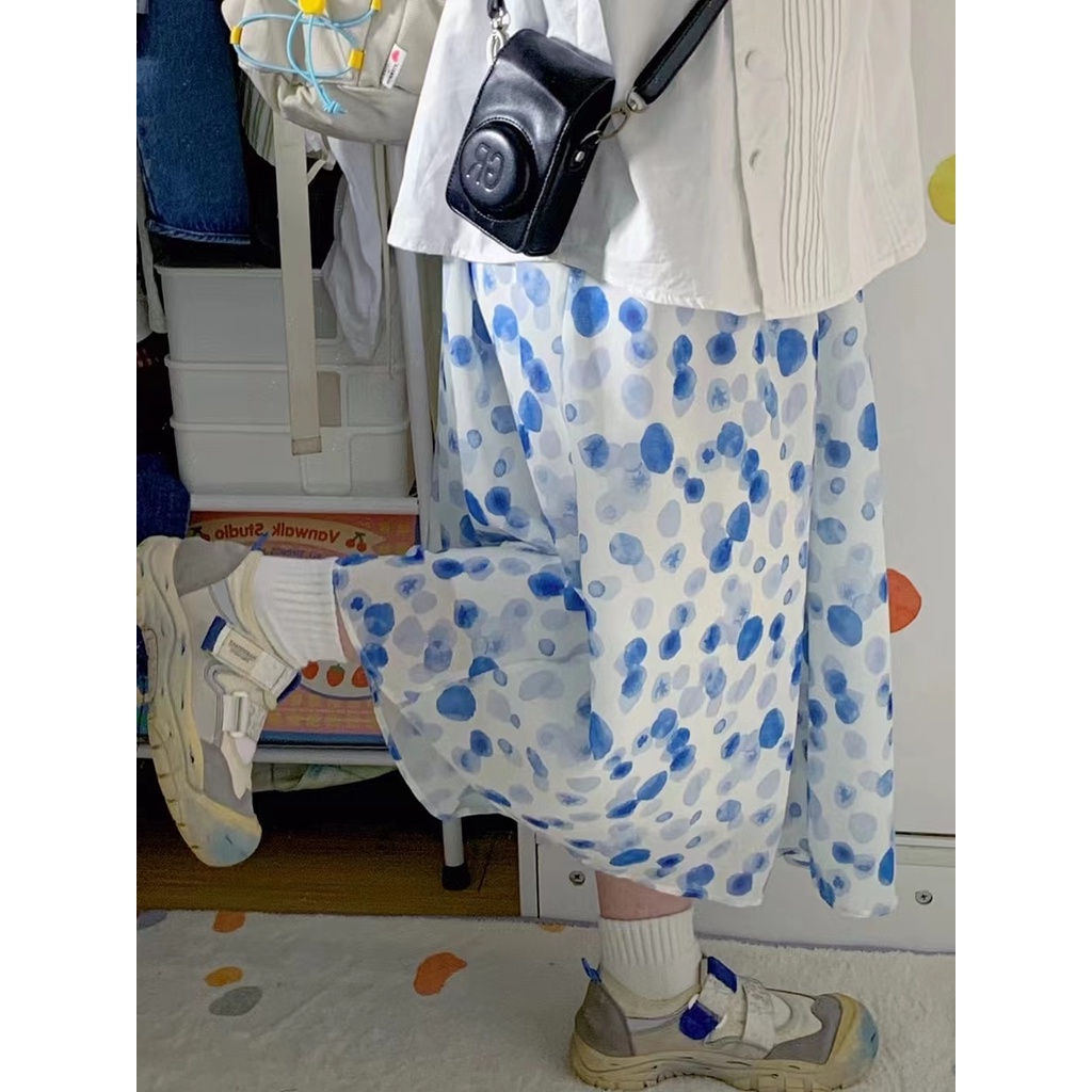 Chân Váy Chữ a Dáng Rộng Họa Tiết Chấm Bi Màu Xanh Dương Ngọt Ngào Phong Cách Nhật Bản Cho Nữ