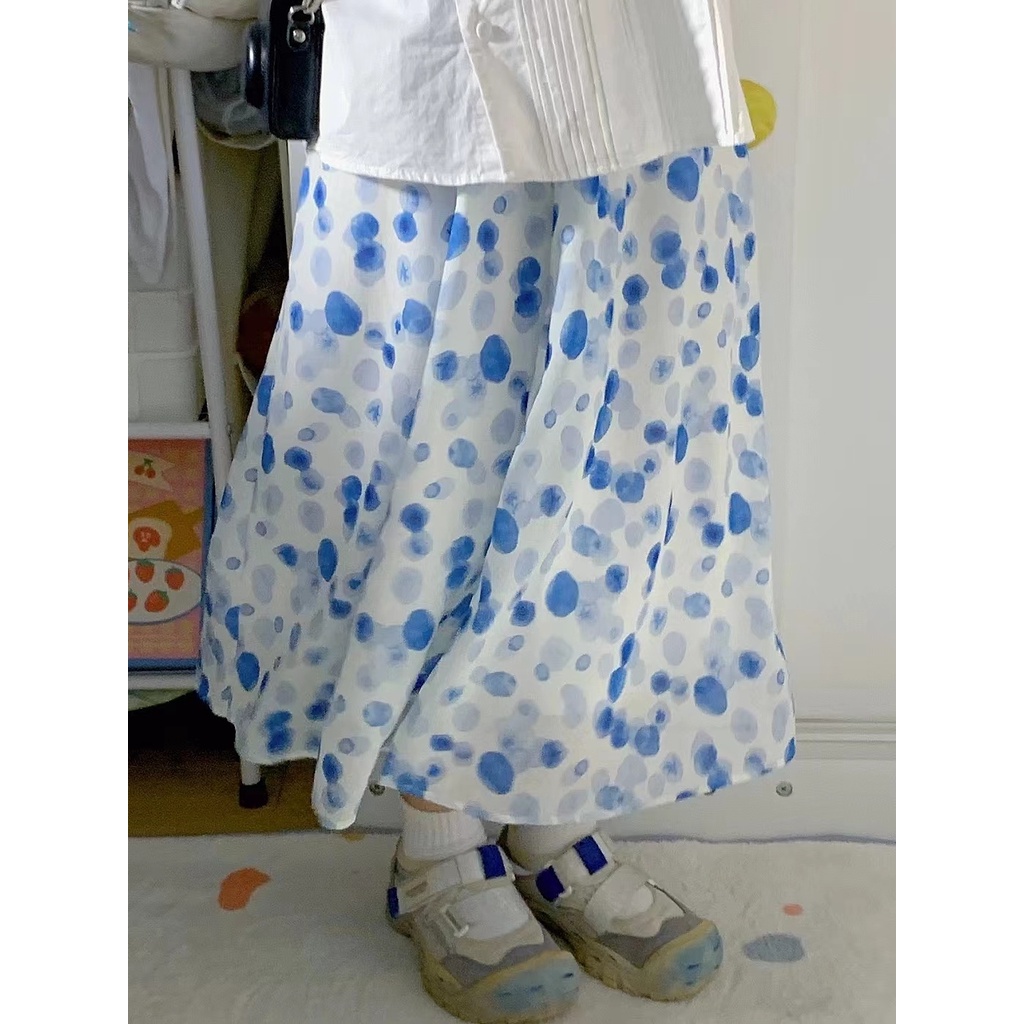 Chân Váy Chữ a Dáng Rộng Họa Tiết Chấm Bi Màu Xanh Dương Ngọt Ngào Phong Cách Nhật Bản Cho Nữ