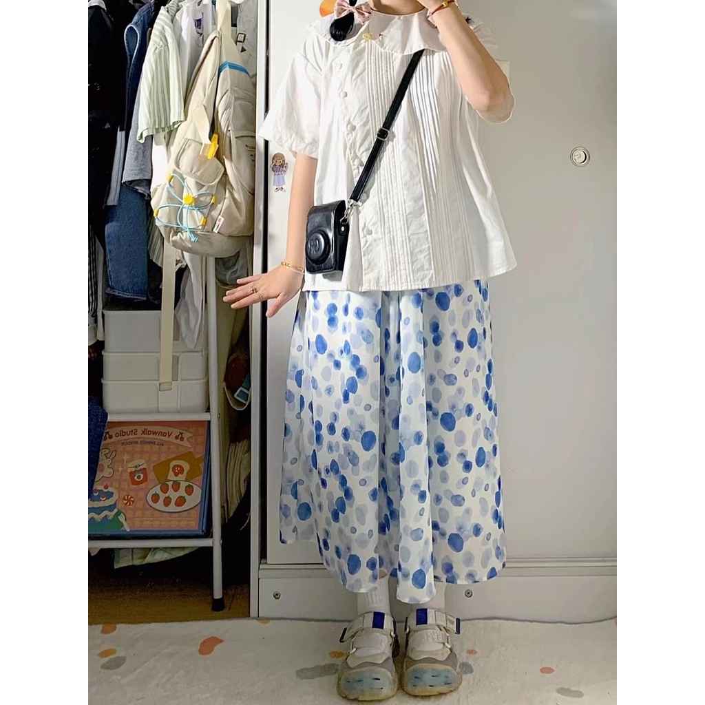 Chân Váy Chữ a Dáng Rộng Họa Tiết Chấm Bi Màu Xanh Dương Ngọt Ngào Phong Cách Nhật Bản Cho Nữ